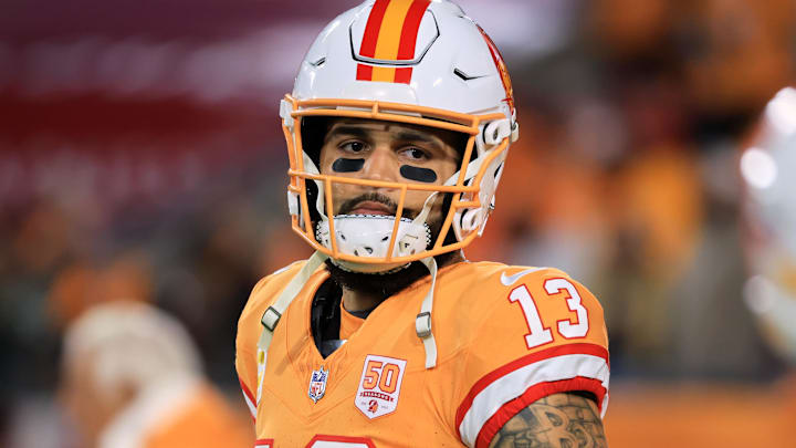 Dec 11, 2025; Tampa, Florida, USA; Tampa Bay Buccaneers wide receiver Mike Evans (13) looks on during warmups before the game against the Atlanta Falcons at Raymond James Stadium. Mandatory Credit: Kim Klement Neitzel-Imagn Images