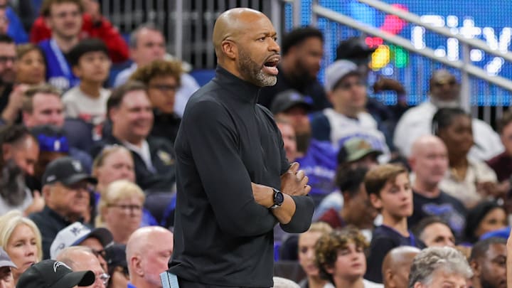 Orlando Magic head coach Jamahl Mosley shouts during the second quarter against the LA Clippers at Kia Center.