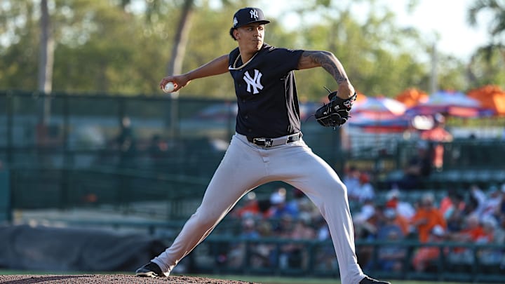 Carlos Lagrange pitches against the Baltimore Orioles during the 2025 MLB Spring Breakout