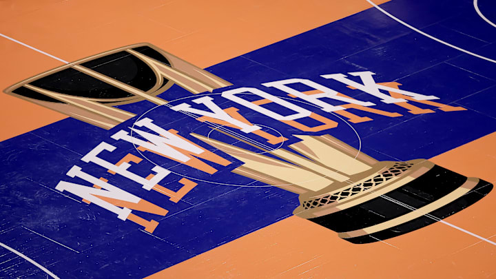 Nov 24, 2023; New York, New York, USA; General view of the in-season tournament court logo during warmups before a game between the New York Knicks and the Miami Heat at Madison Square Garden. Mandatory Credit: Brad Penner-Imagn Images