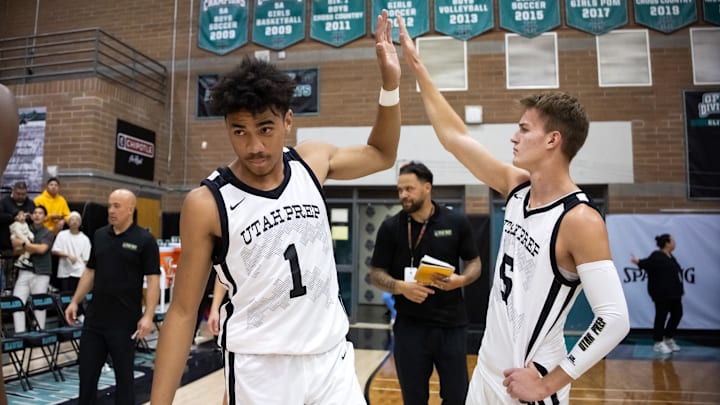 Jan 4, 2025; Gilbert, AZ, USA; Utah Prep Academy guard Anthony Felesi (1) and guard John Southwick (5) against Faith Family Academy (TX) during the Hoophall West High School Invitational at Highland High School. Mandatory Credit: Mark J. Rebilas-Imagn Images Jan 4, 2025; Gilbert, AZ, USA; Utah Prep Academy guard Anthony Felesi (1) and guard John Southwick (5) against Faith Family Academy (TX) during the Hoophall West High School Invitational at Highland High School. Mandatory Credit: Mark J. Rebilas-Imagn Images