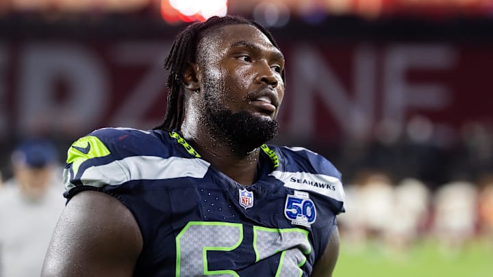 Sep 25, 2025; Glendale, Arizona, USA; Seattle Seahawks tackle Charles Cross (67) against the Arizona Cardinals at State Farm Stadium. Mandatory Credit: Mark J. Rebilas-Imagn Images