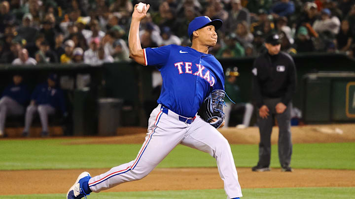 Texas Rangers reliever Jose Leclerc throws during a game against the Oakland Athletics on Sept. 25 at Oakland Coliseum. Texas Rangers reliever Jose Leclerc throws during a game against the Oakland Athletics on Sept. 25 at Oakland Coliseum.