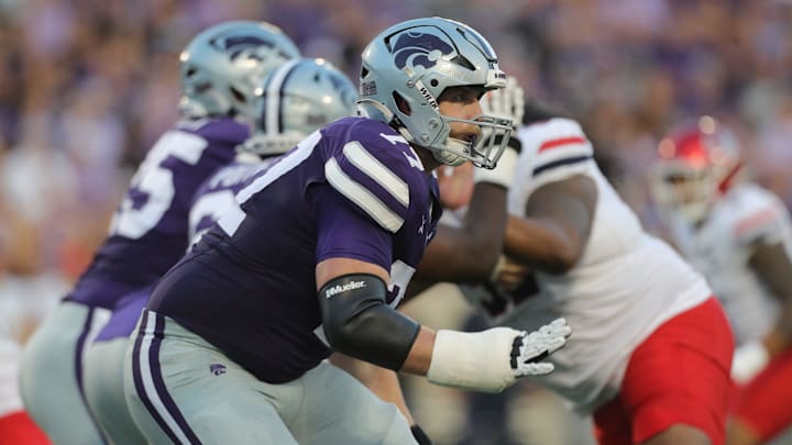 Kansas State Wildcats safety Mikey Bergeron (17) works his position during the first quarter of the game against Arizona at Bill Snyder Family Stadium on Friday, September 13, 2024.