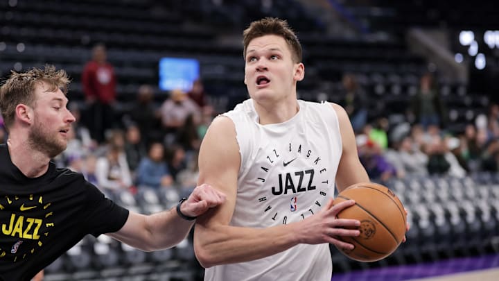 Mar 17, 2025; Salt Lake City, Utah, USA;  Utah Jazz center Walker Kessler (24) warms up before the game against the Chicago Bulls at Delta Center. Mandatory Credit: Chris Nicoll-Imagn Images
