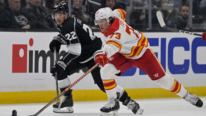 Dec 22, 2022; Los Angeles, California, USA; Los Angeles Kings left wing Kevin Fiala (22) and Calgary