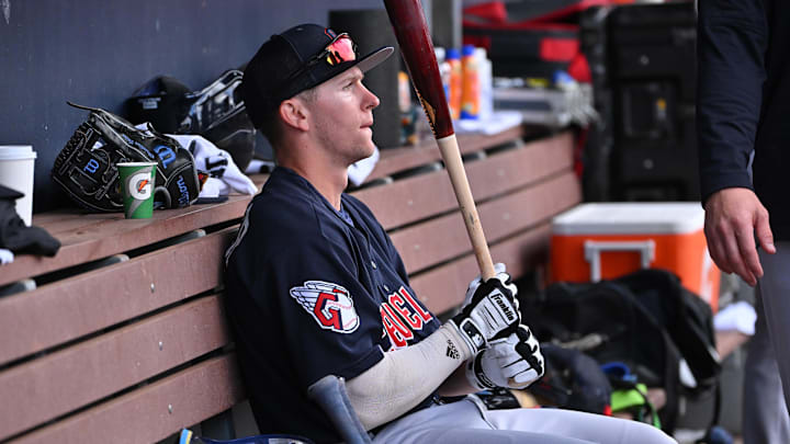 Feb 28, 2023; Peoria, Arizona, USA; Cleveland Guardians center fielder Petey Halpin (16) sits in the dugout during a spring training game against the Seattle Mariners at the Peoria Sports Complex. Mandatory Credit: Jayne Kamin-Oncea-Imagn Images