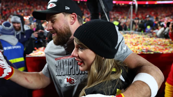 Recording artist Taylor Swift and Kansas City Chiefs tight end Travis Kelce (87) react after the AFC Championship game against the Buffalo Bills at GEHA Field at Arrowhead Stadium. Recording artist Taylor Swift and Kansas City Chiefs tight end Travis Kelce (87) react after the AFC Championship game against the Buffalo Bills at GEHA Field at Arrowhead Stadium.