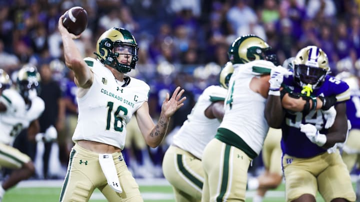 Aug 30, 2025; Seattle, Washington, USA; Colorado State Rams quarterback Brayden Fowler-Nicolosi (16) passes against the Washington Huskies during the first quarter at Husky Stadium. Mandatory Credit: Joe Nicholson-Imagn Images