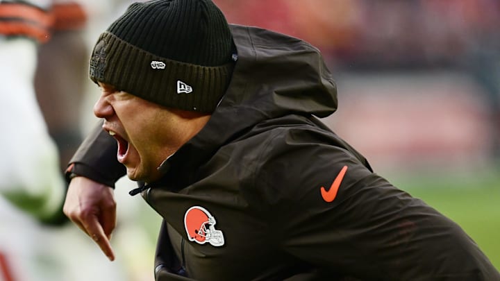 Dec 15, 2024; Cleveland, Ohio, USA; Cleveland Browns Safeties coach Ephraim Banda reacts after a play during the second half against the Kansas City Chiefs at Huntington Bank Field. Mandatory Credit: Ken Blaze-Imagn Images Dec 15, 2024; Cleveland, Ohio, USA; Cleveland Browns Safeties coach Ephraim Banda reacts after a play during the second half against the Kansas City Chiefs at Huntington Bank Field. Mandatory Credit: Ken Blaze-Imagn Images