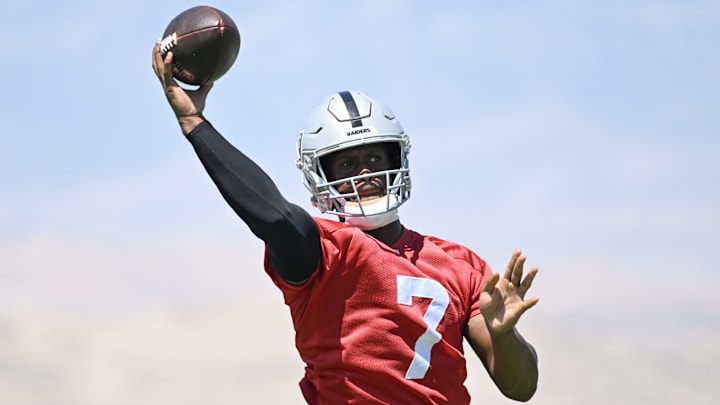 Jun 11, 2025; Henderson, NV, USA; Las Vegas Raiders quarterback Geno Smith (7) throws the ball during Las Vegas Raiders Minicamp at Intermountain Health Performance Center. Mandatory Credit: Candice Ward-Imagn Images