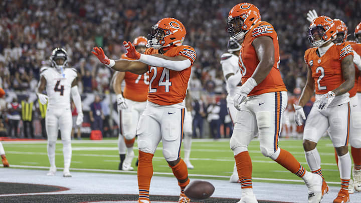 Chicago Bears running back Khalil Herbert celebrates after a touchdown during the second quarter against the Houston Texans at NRG Stadium. Chicago Bears running back Khalil Herbert celebrates after a touchdown during the second quarter against the Houston Texans at NRG Stadium.