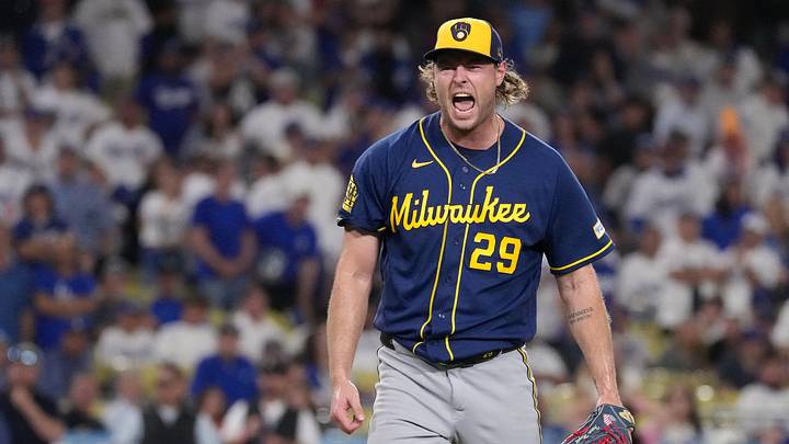 Oct 14, 2026; Los Angeles, California, USA; Milwaukee Brewers pitcher Trevor Megill (29) celebrates after defeating the Los Angeles Dodgers in game three of the NLCS for the 2026 MLB Playoffs at Uniqlo Field at Dodger Stadium. Mandatory Credit: Kirby Lee-Imagn Images Oct 14, 2026; Los Angeles, California, USA; Milwaukee Brewers pitcher Trevor Megill (29) celebrates after defeating the Los Angeles Dodgers in game three of the NLCS for the 2026 MLB Playoffs at Uniqlo Field at Dodger Stadium. Mandatory Credit: Kirby Lee-Imagn Images