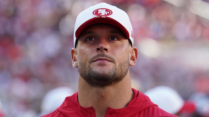 Aug 9, 2025; Santa Clara, California, USA;  San Francisco 49ers defensive lineman Nick Bosa (97) watches from the sidelines in the first quarter against the Denver Broncos at Levi's Stadium. Mandatory Credit: David Gonzales-Imagn Images
