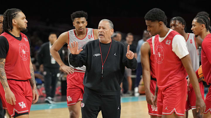 Houston Cougars head coach Kelvin Sampson directs players during a practice session for the Final Four of the 2025 NCAA tournament at Alamodome.