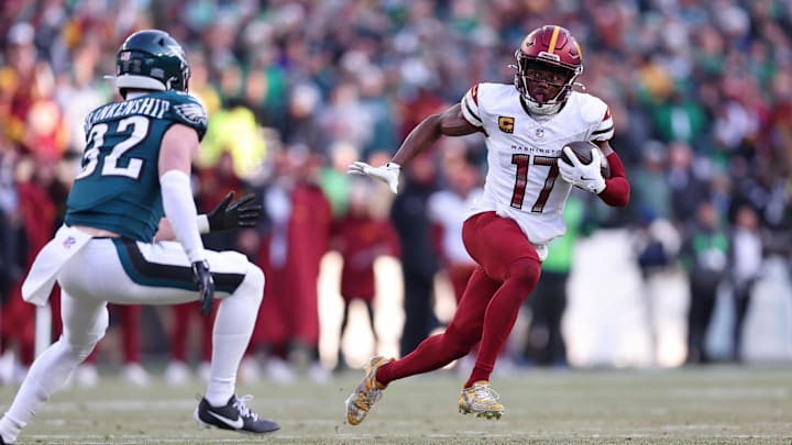 Jan 26, 2025; Philadelphia, PA, USA; Washington Commanders wide receiver Terry McLaurin (17) runs with the ball for a touchdown against the Philadelphia Eagles during the first half in the NFC Championship game at Lincoln Financial Field. Mandatory Credit: Bill Streicher-Imagn Images