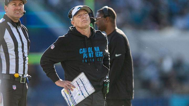 Dec 31, 2023; Jacksonville, Florida, USA; Carolina Panthers interim head coach Chris Tabor looks on against the Jacksonville Jaguars in the third quarter at EverBank Stadium. Mandatory Credit: Jeremy Reper-Imagn Images