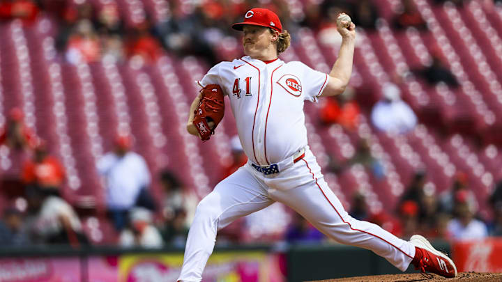 Apr 30, 2026; Cincinnati, Ohio, USA; Cincinnati Reds starting pitcher Andrew Abbott (41) pitches against the Colorado Rockies in the first inning at Great American Ball Park. Mandatory Credit: Katie Stratman-Imagn Images