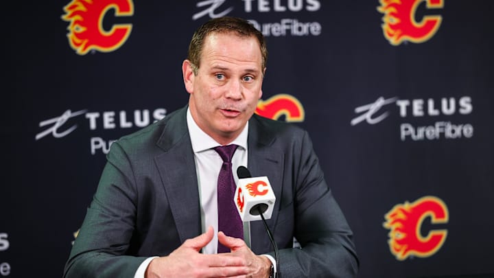 Jan 30, 2025; Calgary, Alberta, CAN; Calgary Flames general manager Craig Conroy during interview after the game against the Anaheim Ducks at Scotiabank Saddledome. Mandatory Credit: Sergei Belski-Imagn Images