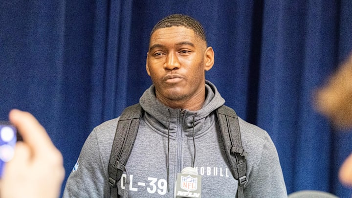 Feb 28, 2024; Indianapolis, IN, USA; Mississippi defensive lineman Cedric Johnson (DL39) talks to