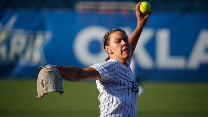 Keilani Ricketts, Team Orange captain in Series 3 of the AUSL All-Star Cup, pitches for the Oklahoma City Spark during a Women's Professional Fastpitch game against the Texas Smoke at the USA Softball Hall of Fame Stadium on July 1, 2023 in Oklahoma City.