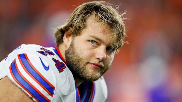 Buffalo Bills offensive tackle Ryan Van Demark (74) stretches during warmups before the game against the Cincinnati Bengals at Paycor Stadium.