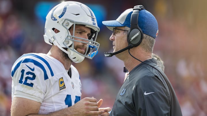 Sep 16, 2018; Landover, MD, USA; Indianapolis Colts quarterback Andrew Luck (12) speaks with head coach Frank Reich during the second half at FedEx Field. Mandatory Credit: Scott Taetsch-Imagn Images Sep 16, 2018; Landover, MD, USA; Indianapolis Colts quarterback Andrew Luck (12) speaks with head coach Frank Reich during the second half at FedEx Field. Mandatory Credit: Scott Taetsch-Imagn Images