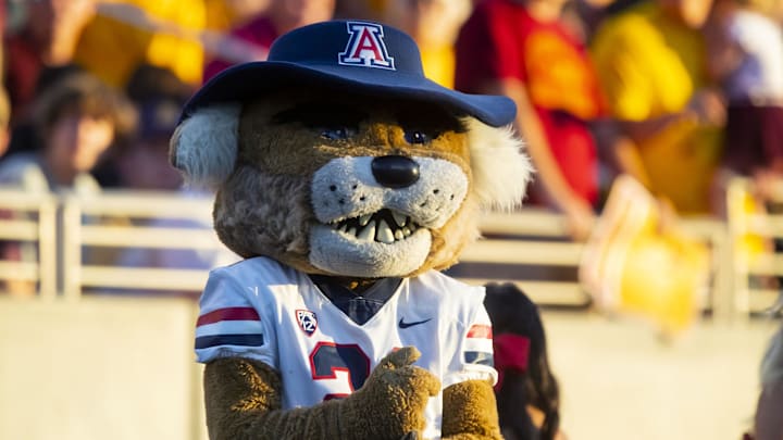 Nov 27, 2021; Tempe, Arizona, USA; Arizona Wildcats mascot Wilbur during the Territorial Cup at Sun Devil Stadium. Mandatory Credit: Mark J. Rebilas-Imagn Images