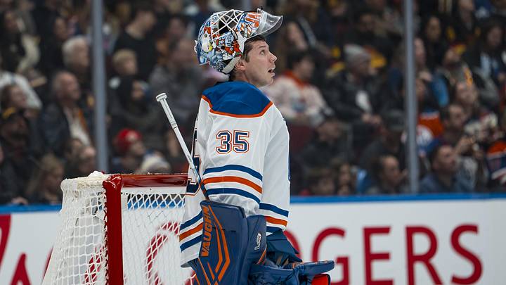 Jan 17, 2026; Vancouver, British Columbia, CAN; Edmonton Oilers goalie Tristan Jarry (35) during a stop in play against the Vancouver Canucks in the second period at Rogers Arena. Mandatory Credit: Bob Frid-Imagn Images