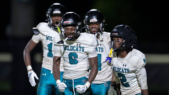 Royal Palm Beach’s Samari Curry, (6) celebrates one of his two interceptions against Palm Beach Central during game In Wellington, Florida on October 2, 2026. Royal Palm Beach’s Samari Curry, (6) celebrates one of his two interceptions against Palm Beach Central during game In Wellington, Florida on October 2, 2026.
