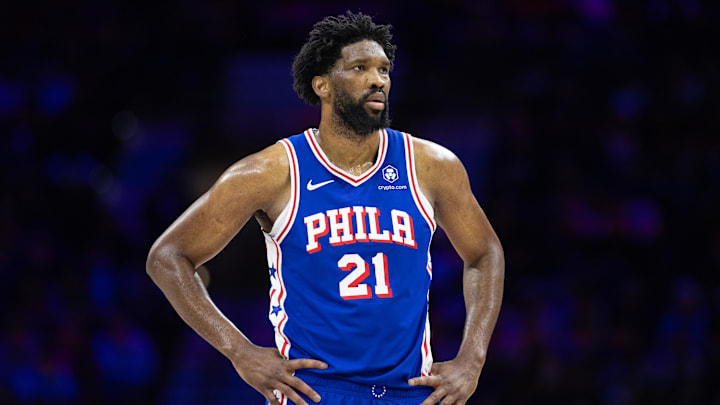 Feb 20, 2025; Philadelphia, Pennsylvania, USA; Philadelphia 76ers center Joel Embiid (21) looks on during the third quarter against the Boston Celtics at Wells Fargo Center. Mandatory Credit: Bill Streicher-Imagn Images