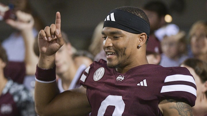 Mississippi State Bulldogs quarterback Michael Van Buren Jr. (0) reacts with fans after a game against the Massachusetts Minutemen at Davis Wade Stadium at Scott Field. 