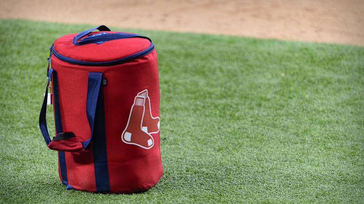 Apr 29, 2021; Arlington, Texas, USA; A view of the Boston Red Sox logo and a field bag during batting practice before the game between the Texas Rangers and the Boston Red Sox at Globe Life Field. Mandatory Credit: Jerome Miron-Imagn Images Apr 29, 2021; Arlington, Texas, USA; A view of the Boston Red Sox logo and a field bag during batting practice before the game between the Texas Rangers and the Boston Red Sox at Globe Life Field. Mandatory Credit: Jerome Miron-Imagn Images