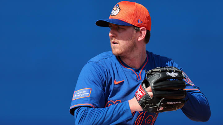 New York Mets pitcher Brandon Waddell (82) pitches during a Spring Training workout at Clover Park in Port St. Lucie, Fla., on Feb. 12, 2025. New York Mets pitcher Brandon Waddell (82) pitches during a Spring Training workout at Clover Park in Port St. Lucie, Fla., on Feb. 12, 2025.