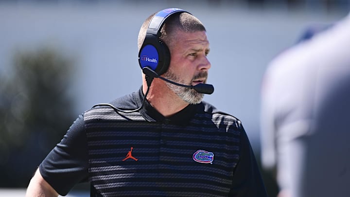 Sep 21, 2024; Starkville, Mississippi, USA; Florida Gators head coach Billy Napier stands on the sidelines during the first quarter of a game against the Mississippi State Bulldogs at Davis Wade Stadium at Scott Field. Mandatory Credit: Matt Bush-Imagn Images