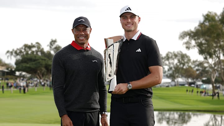 Ludvig Aberg poses with tournament host Tiger Woods after winning the 2025 edition of The Genesis Invitational
