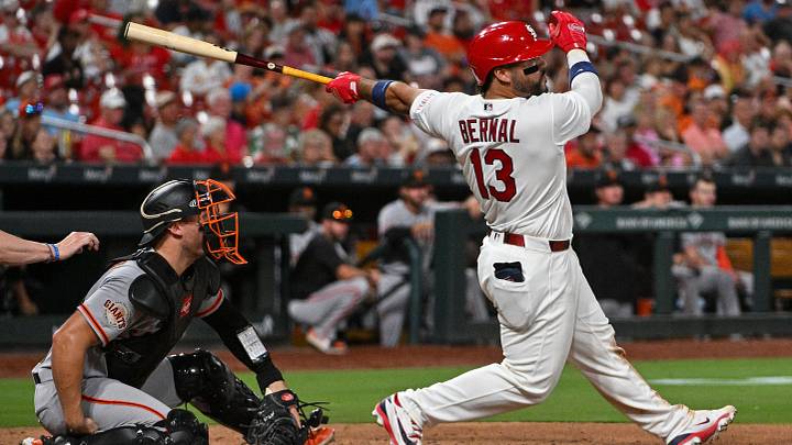 Sep 14, 2026; St. Louis, Missouri, USA; St. Louis Cardinals catcher Leo Bernal (13) hits a one run single against the San Francisco Giants during the fifth inning at Busch Stadium. Mandatory Credit: Jeff Curry-Imagn Images Sep 14, 2026; St. Louis, Missouri, USA; St. Louis Cardinals catcher Leo Bernal (13) hits a one run single against the San Francisco Giants during the fifth inning at Busch Stadium. Mandatory Credit: Jeff Curry-Imagn Images