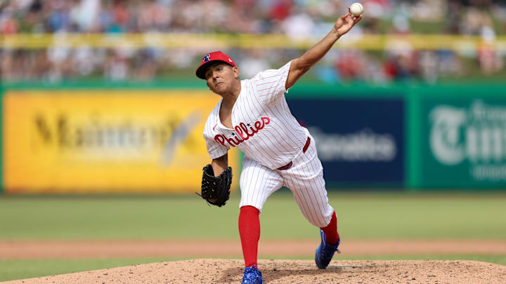 Mar 4, 2025; Clearwater, Florida, USA; Philadelphia Phillies pitcher Ranger Suarez (55) throws a pitch against the New York Yankees in the fifth inning during spring training at BayCare Ballpark. 