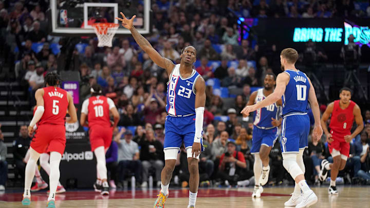 Apr 14, 2024; Sacramento, California, USA; Sacramento Kings guard Keon Ellis (23) reacts after making a three point basket against the Portland Trail Blazers in the first quarter at the Golden 1 Center. Mandatory Credit: Cary Edmondson-Imagn Images Apr 14, 2024; Sacramento, California, USA; Sacramento Kings guard Keon Ellis (23) reacts after making a three point basket against the Portland Trail Blazers in the first quarter at the Golden 1 Center. Mandatory Credit: Cary Edmondson-Imagn Images