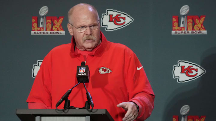 Feb 5, 2025; New Orleans, LA, USA; Kansas City Chiefs head coach Andy Reid speaks in a press conference ahead of Super Bowl LIX at New Orleans Marriott.