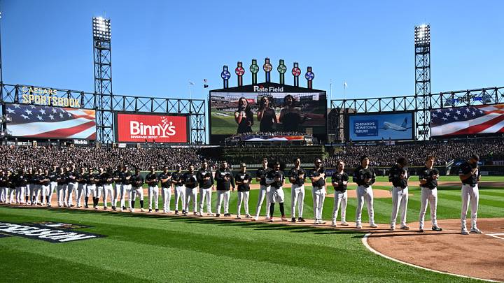 Oct 7, 2026; Chicago, Illinois, USA; Chicago White Sox players line up for the national anthem before the game between Cleveland Guardians and the White Sox in game three of the ALDS for the 2026 MLB Playoffs at Rate Field. Mandatory Credit: Matt Marton-Imagn Images Oct 7, 2026; Chicago, Illinois, USA; Chicago White Sox players line up for the national anthem before the game between Cleveland Guardians and the White Sox in game three of the ALDS for the 2026 MLB Playoffs at Rate Field. Mandatory Credit: Matt Marton-Imagn Images