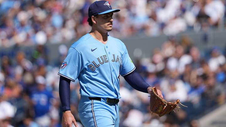Aug 15, 2026; Toronto, Ontario, CAN;  Toronto Blue Jays relief pitcher Ricky Tiedemann (33) walks back to the dugout against the New York Yankees during the second inning at Rogers Centre. Mandatory Credit: Nick Turchiaro-Imagn Images