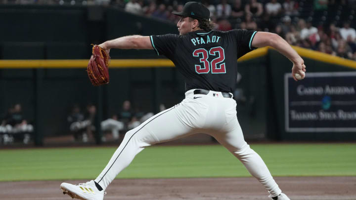 Aug 12, 2024; Phoenix, Arizona, USA; Arizona Diamondbacks pitcher Brandon Pfaadt (32) throws against the Colorado Rockies in the first inning at Chase Field. Mandatory Credit: Rick Scuteri-USA TODAY Sports