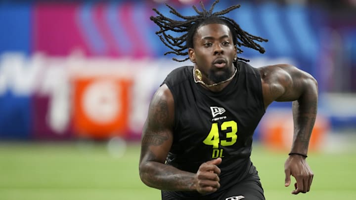 Feb 26, 2026; Indianapolis, IN, USA; Boston College defensive lineman Quintayvious Hutchins (DL43) during the NFL Scouting Combine  at Lucas Oil Stadium. Mandatory Credit: Kirby Lee-Imagn Images