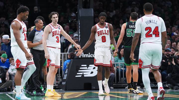 Oct 30, 2026; Boston, Massachusetts, USA; Chicago Bulls forward Caleb Wilson (8) and guard Josh Giddey (3) react after a play against the Boston Celtics in the second quarter at TD Garden. Mandatory Credit: David Butler II-Imagn Images