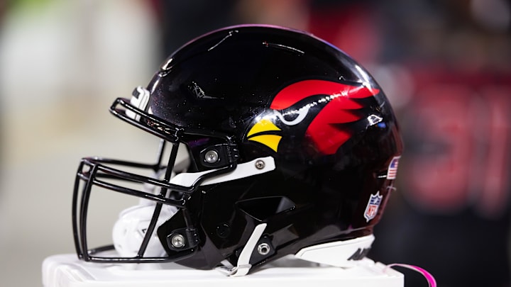 Oct 21, 2024; Glendale, Arizona, USA; Detailed view of an Arizona Cardinals helmet at State Farm Stadium. Mandatory Credit: Mark J. Rebilas-Imagn Images