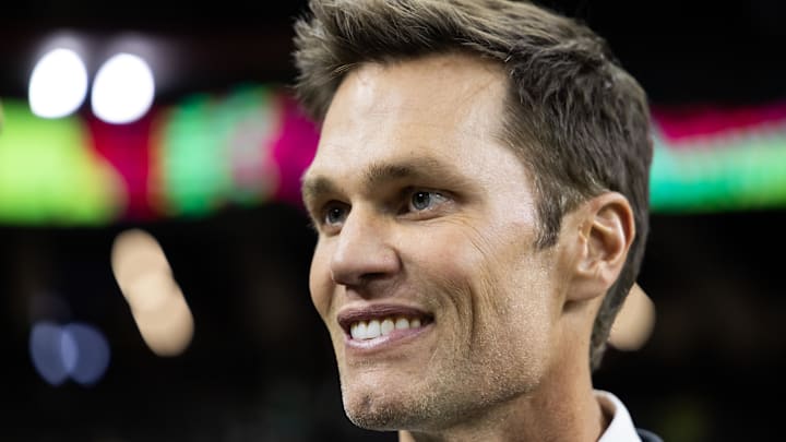 Feb 9, 2025; New Orleans, LA, USA; Fox Sports announcer Tom Brady on the field before Super Bowl LIX between the Philadelphia Eagles and the Kansas City Chiefs at Ceasars Superdome. 