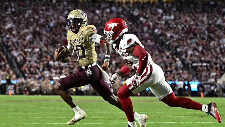Oct 3, 2026; College Station, Texas, USA; Texas A&M Aggies quarterback Marcel Reed (10) runs the ball as Arkansas Razorbacks defensive back Shelton Lewis (2) defends during the first half at Kyle Field. Mandatory Credit: Maria Lysaker-Imagn Images Oct 3, 2026; College Station, Texas, USA; Texas A&M Aggies quarterback Marcel Reed (10) runs the ball as Arkansas Razorbacks defensive back Shelton Lewis (2) defends during the first half at Kyle Field. Mandatory Credit: Maria Lysaker-Imagn Images