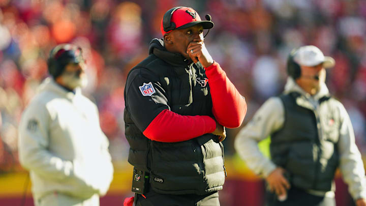 Dec 21, 2024; Kansas City, Missouri, USA; Houston Texans head coach DeMeco Ryans reacts after an injury to wide receiver Tank Dell (not pictured) during the second half against the Kansas City Chiefs at GEHA Field at Arrowhead Stadium. Mandatory Credit: Jay Biggerstaff-Imagn Images