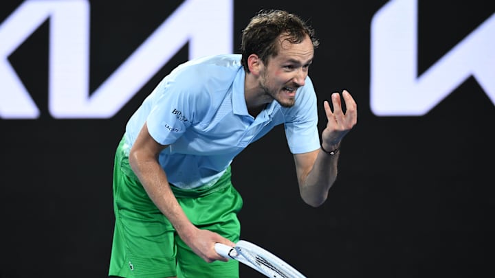 Daniil Medvedev of Russia reacts during his round 2 match against Learner Tien of USA during the 2025 Australian Open at Melbourne Park in Melbourne, Thursday, January 16, 2025. Daniil Medvedev of Russia reacts during his round 2 match against Learner Tien of USA during the 2025 Australian Open at Melbourne Park in Melbourne, Thursday, January 16, 2025.